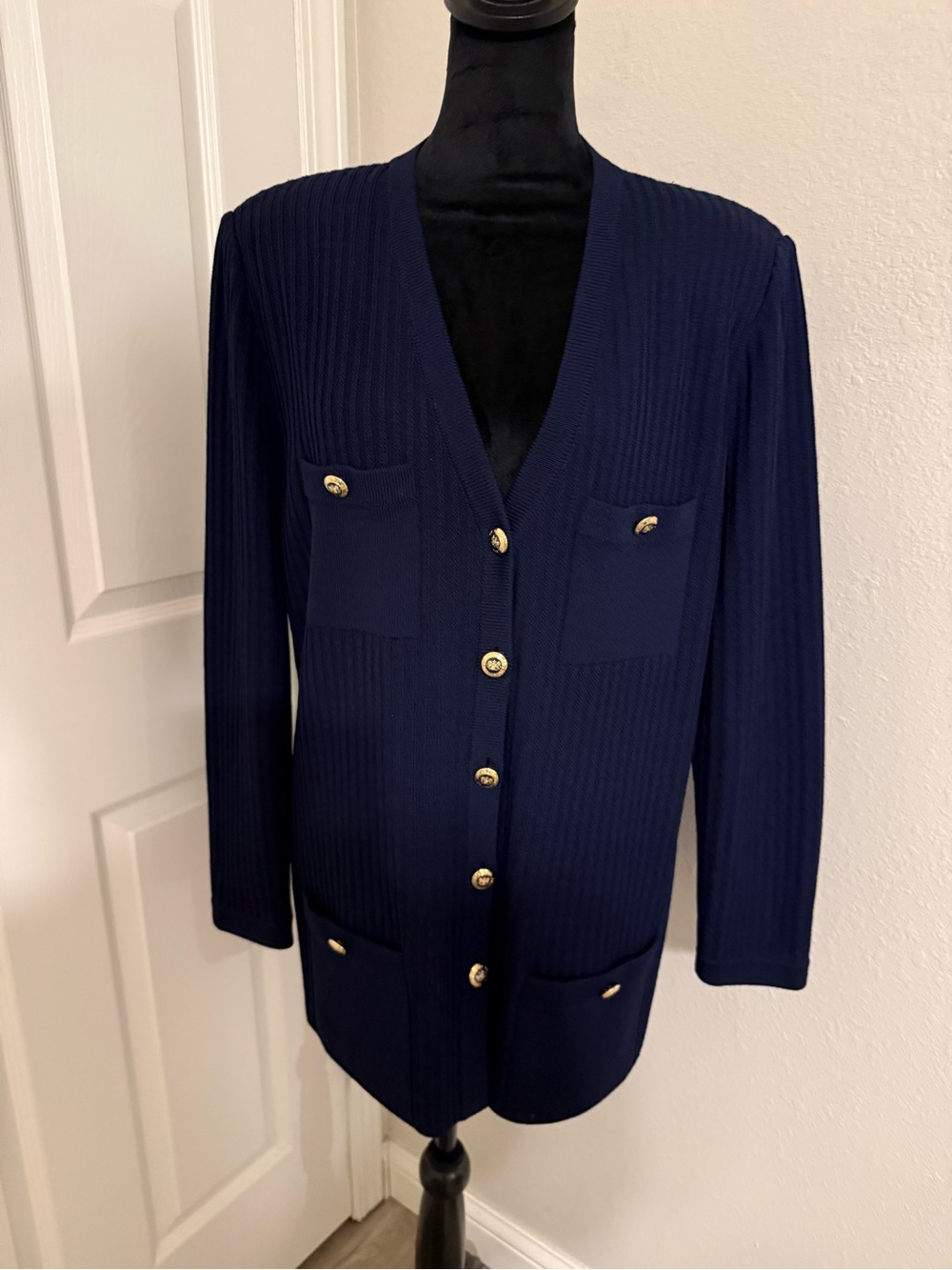 St. John Navy Ribbed Cardigan with Gold Buttons